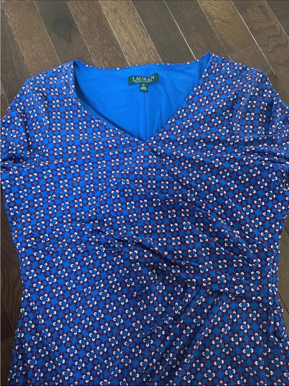 Lauren Ralph Lauren Blue Printed Long-Sleeve V-Neck Women’s Dress - Picture 4 of 4